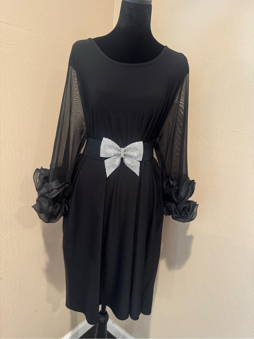 Elegant Black Swing Dress W/Sheer Mesh Sleeves W/Prominent Ruffle Cuffs